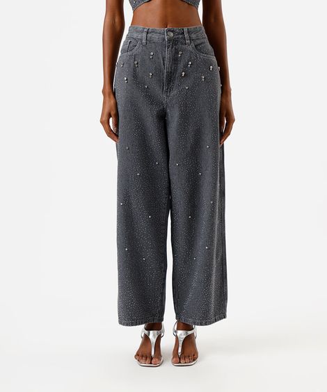 calça baggy feminina jeans com brilhos cinza