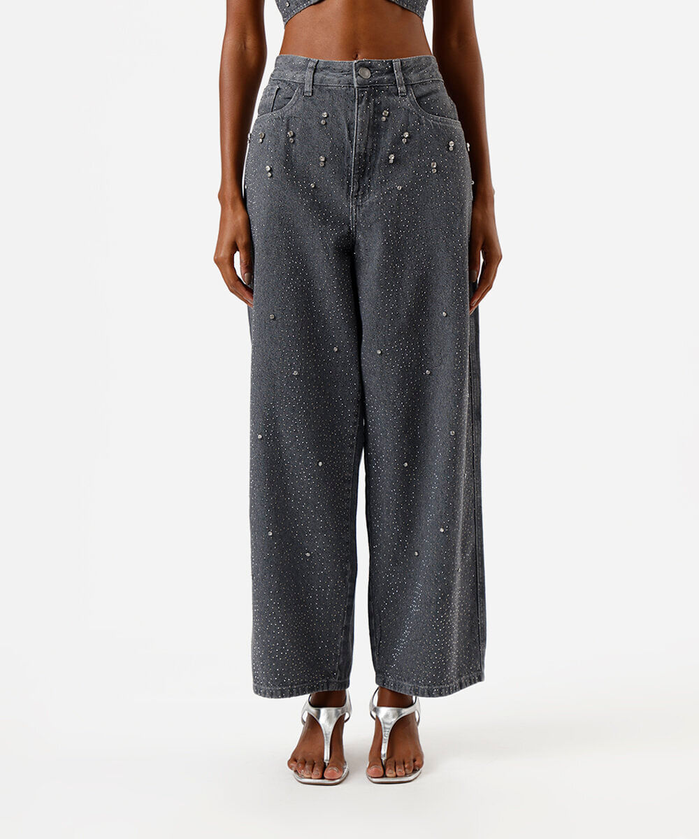 calça baggy feminina jeans com brilhos cinza