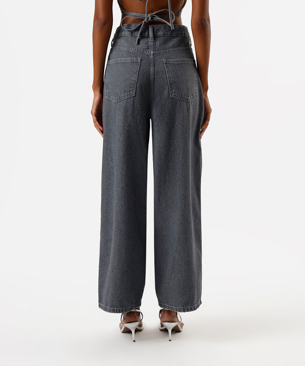 calça baggy feminina jeans com brilhos cinza