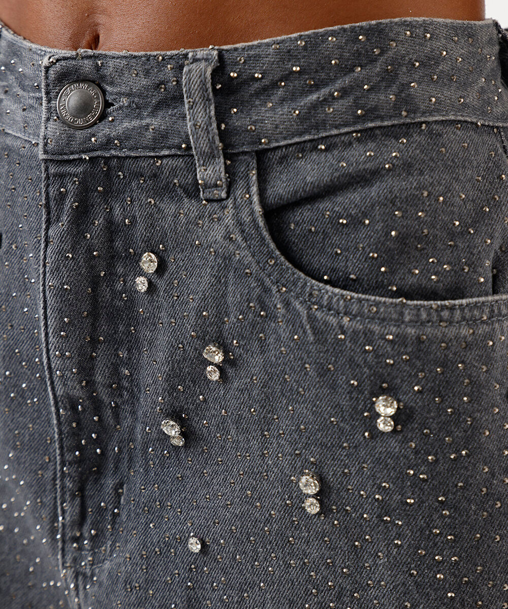 calça baggy feminina jeans com brilhos cinza