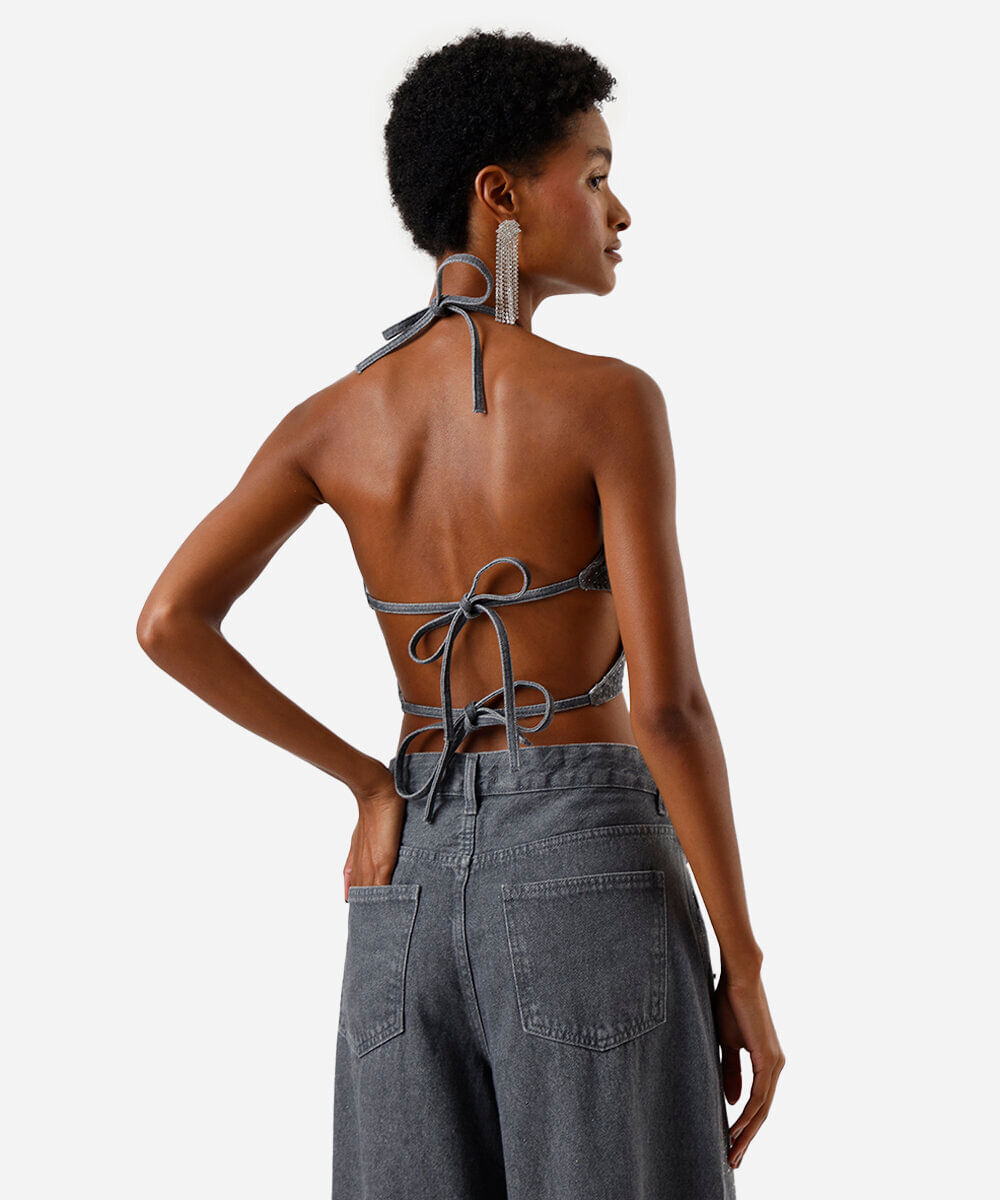 top frente única feminino jeans com brilhos cinza