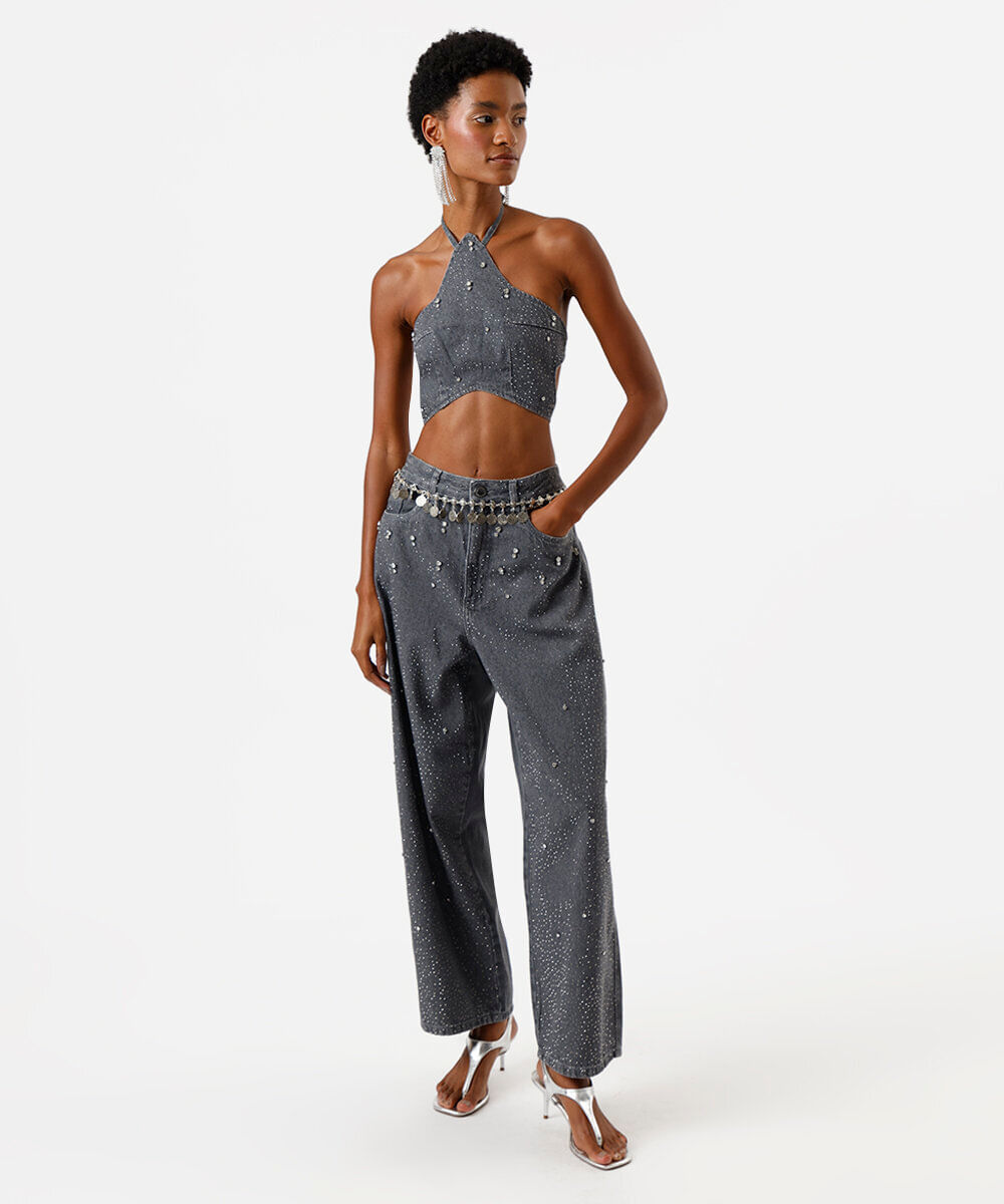 top frente única feminino jeans com brilhos cinza