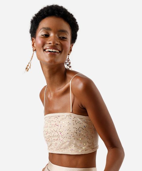 top faixa feminino com paetê alças removíveis bege