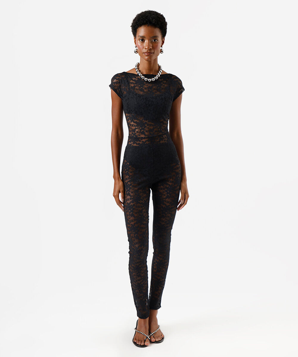 macacão feminino de renda floral preto
