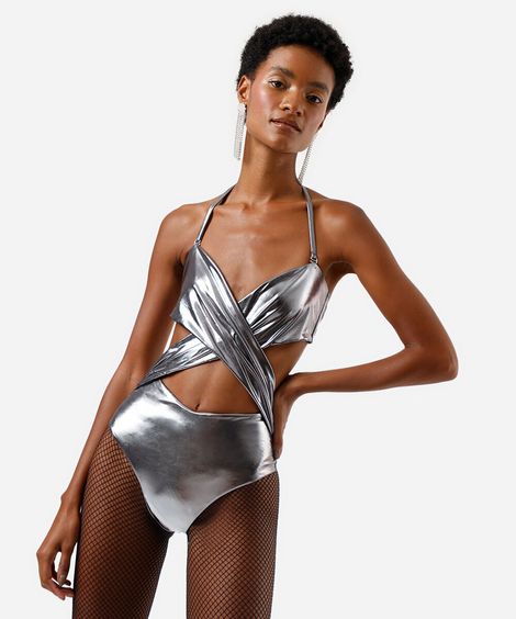 maiô transpassado feminino metalizado cinza