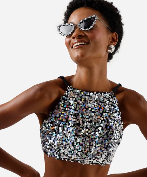 top feminino com paetê halterneck preto