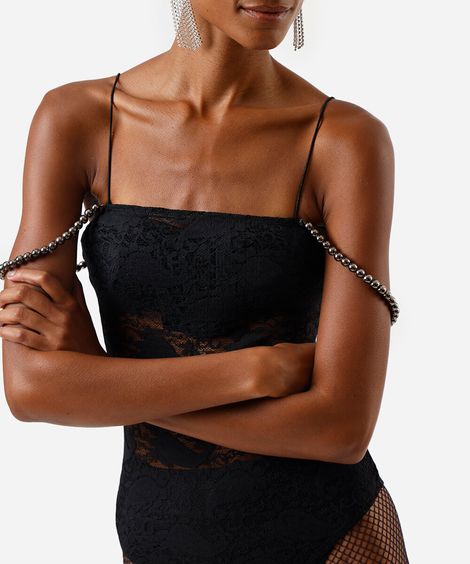 body feminino de renda com pérolas preto