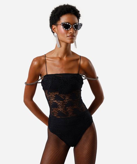 body feminino de renda com pérolas preto