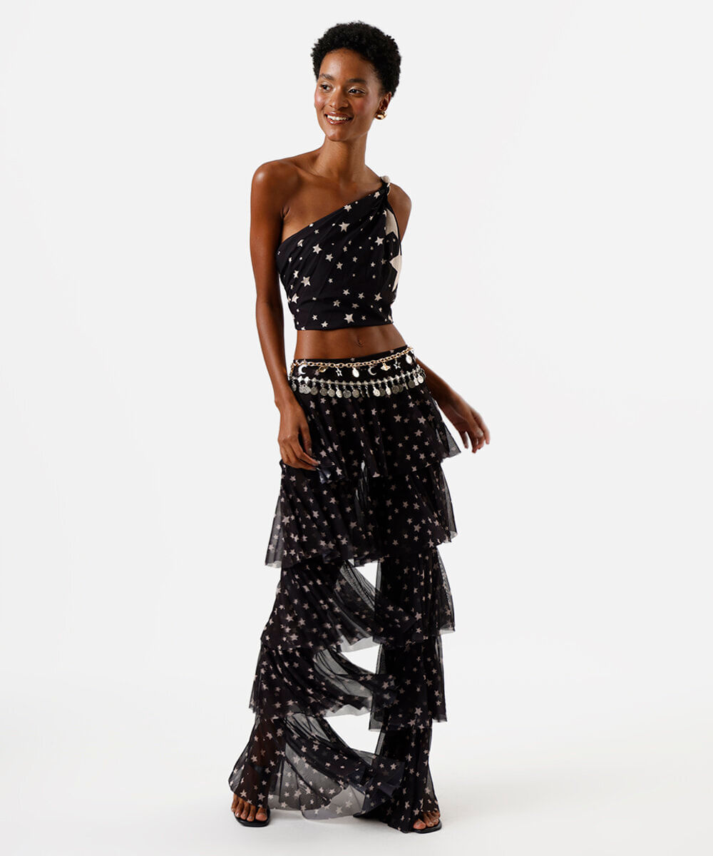 calça feminina de tule com babados estrelas preta