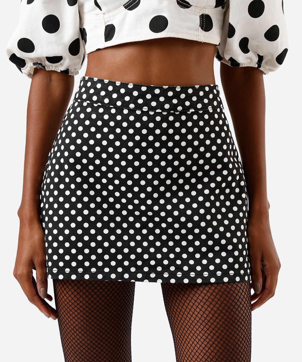 short saia feminino de sarja poá preto