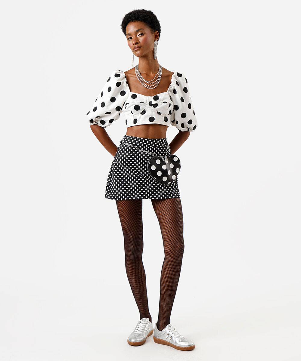 short saia feminino de sarja poá preto