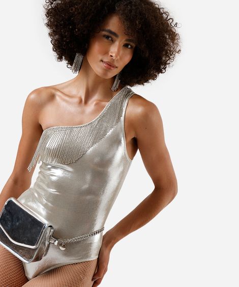 body ombro único feminino com franjas e brilhos metalizado prateado