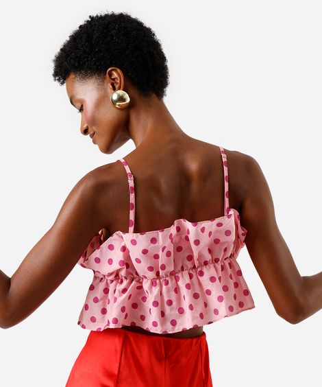 top alça fina feminino com babados poá rosa