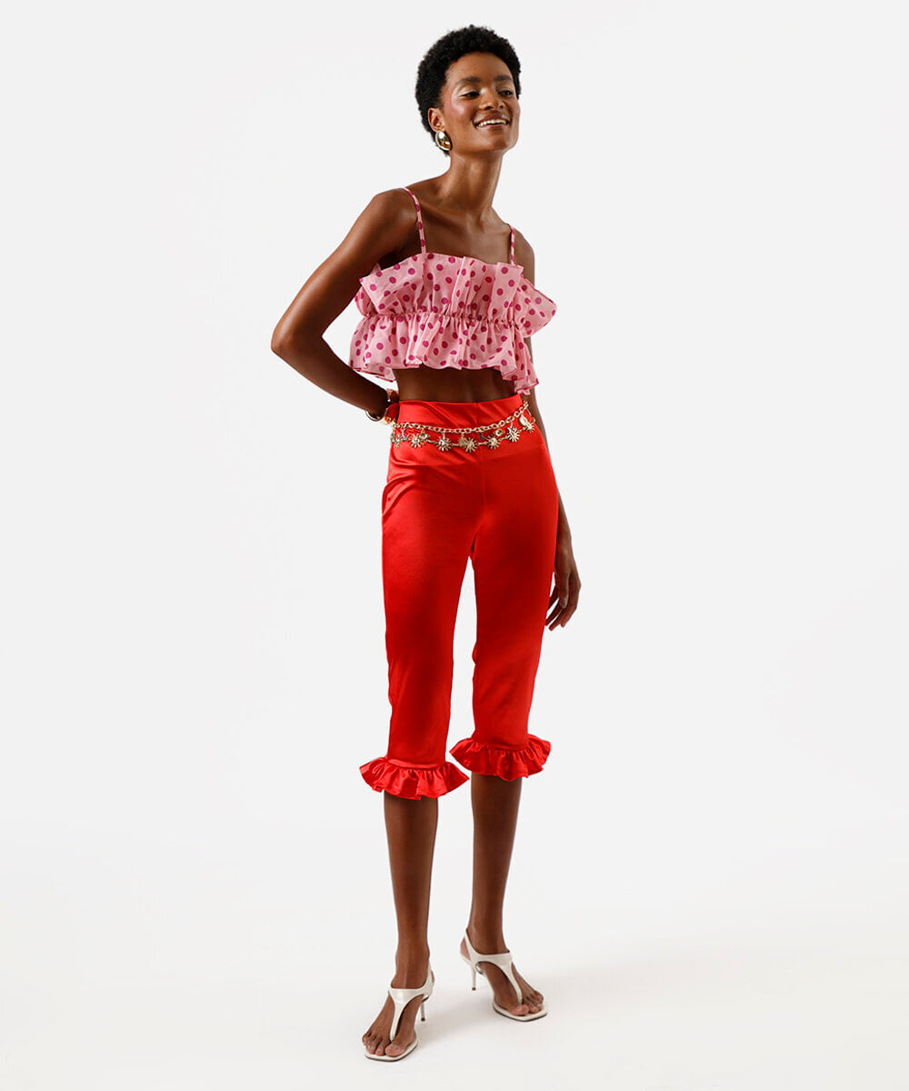 calça capri feminina com babados acetinada