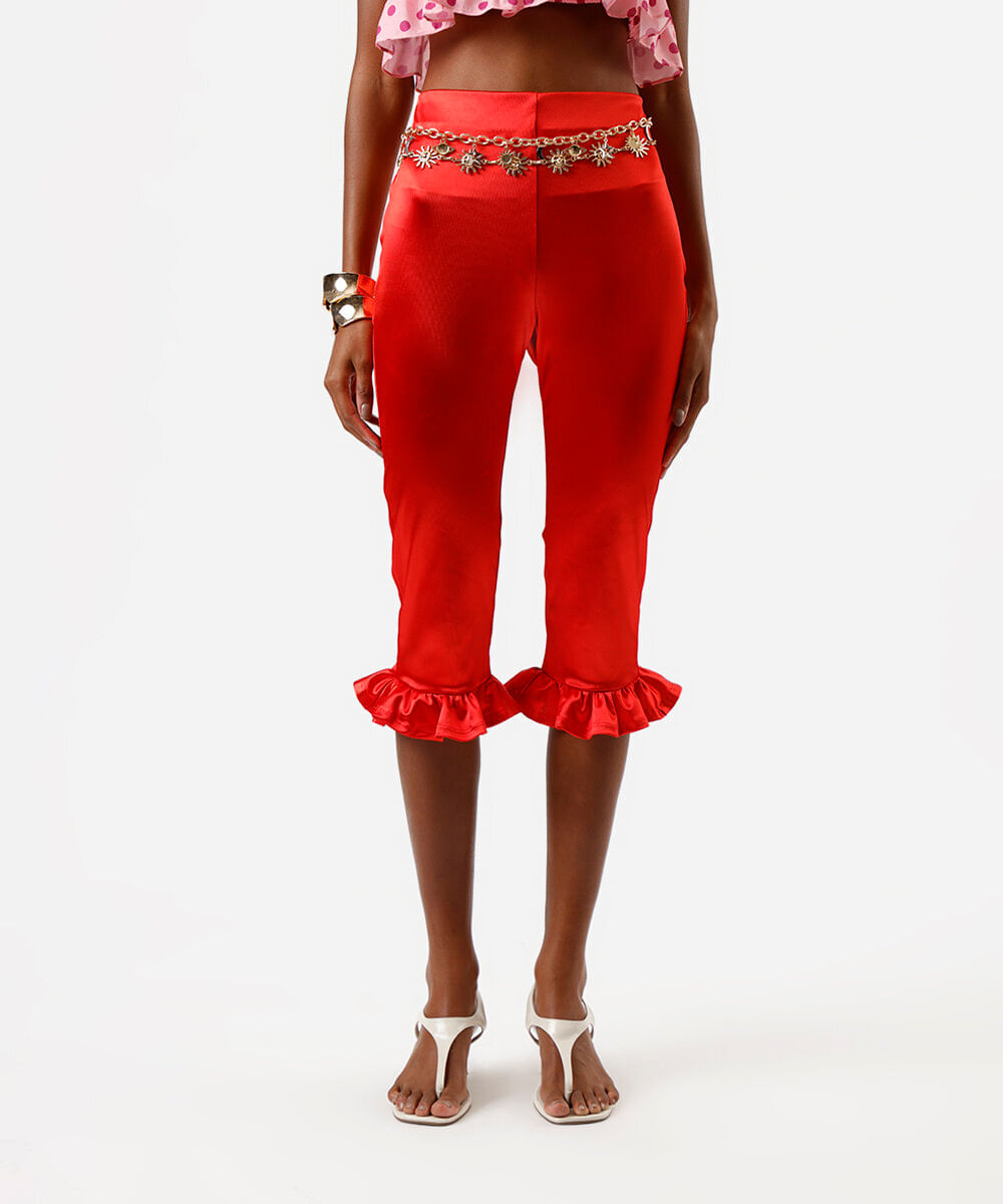 calça capri feminina com babados acetinada vermelha