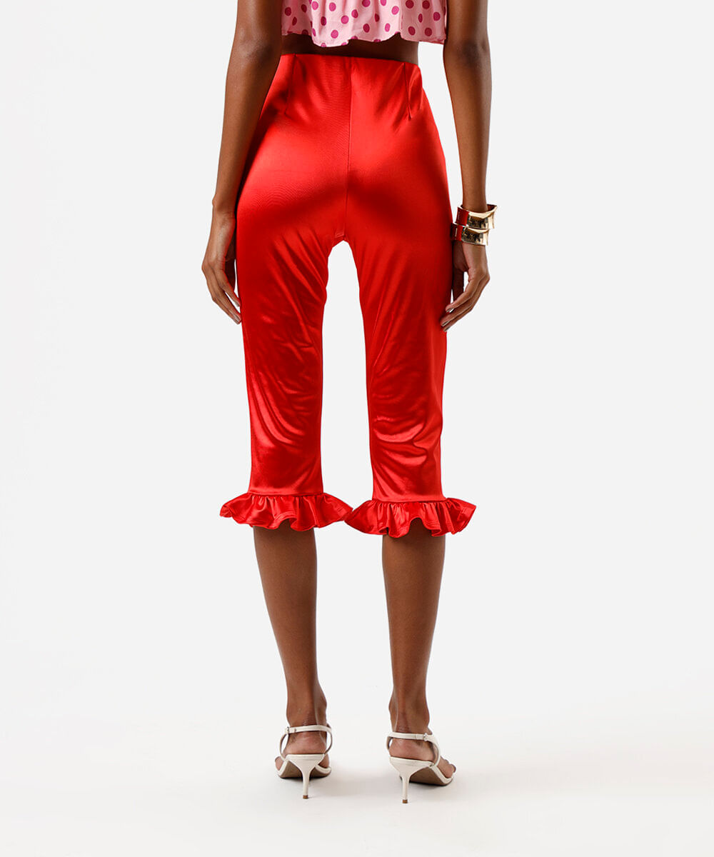 calça capri feminina com babados acetinada vermelha