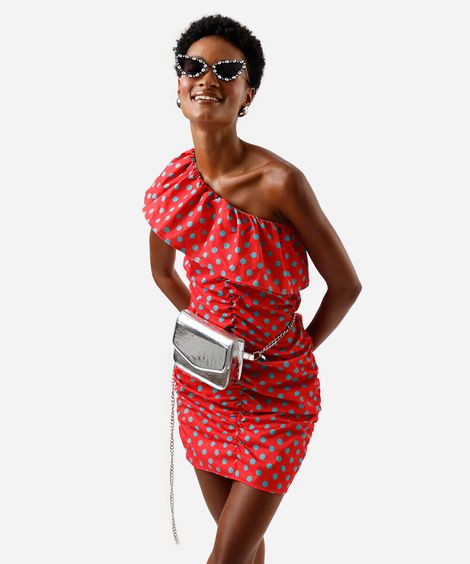 vestido curto feminino ombro único franzido poá vermelho