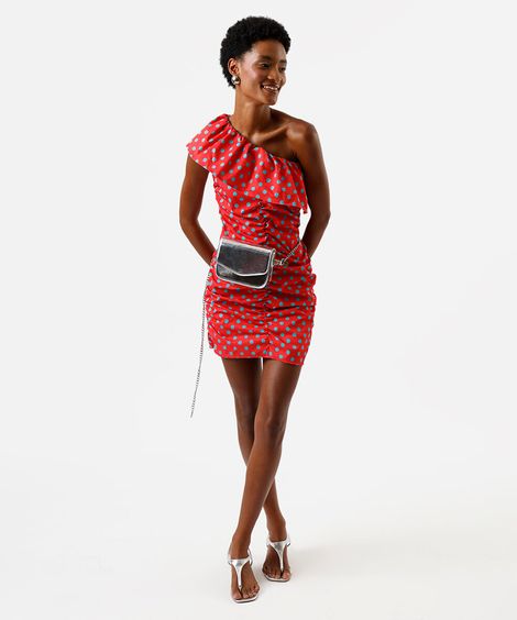 vestido curto feminino ombro único franzido poá vermelho