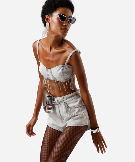 short hot pant feminino franjas com brilhos cinza