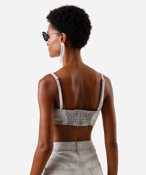 top alça fina feminino jeans franjas com brilhos cinza