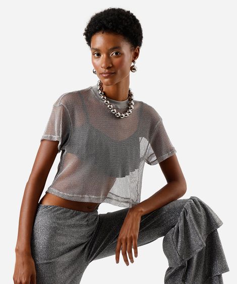 cropped de tela manga curta com brilho lurex cinza