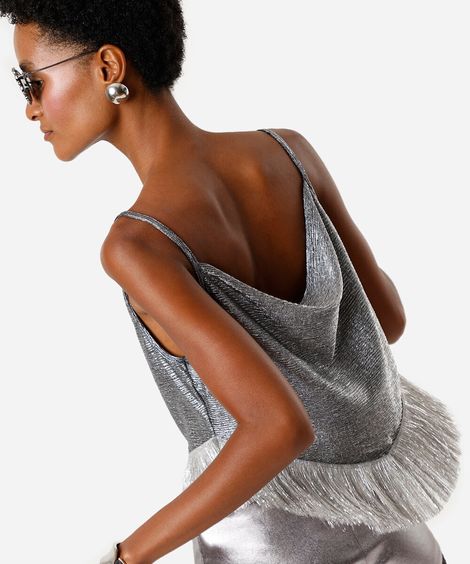 blusa alça fina feminina com franjas metalizada prateada