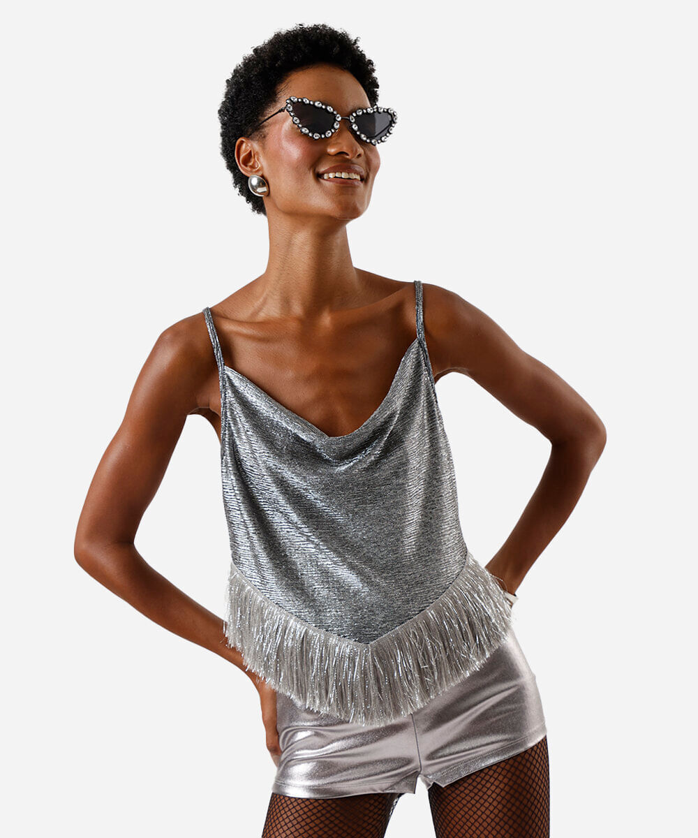 blusa alça fina feminina com franjas metalizada prateada