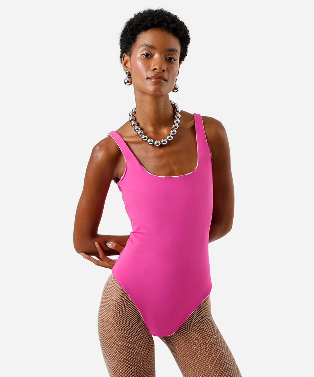 maiô dupla face feminino decote quadrado listrado roxo