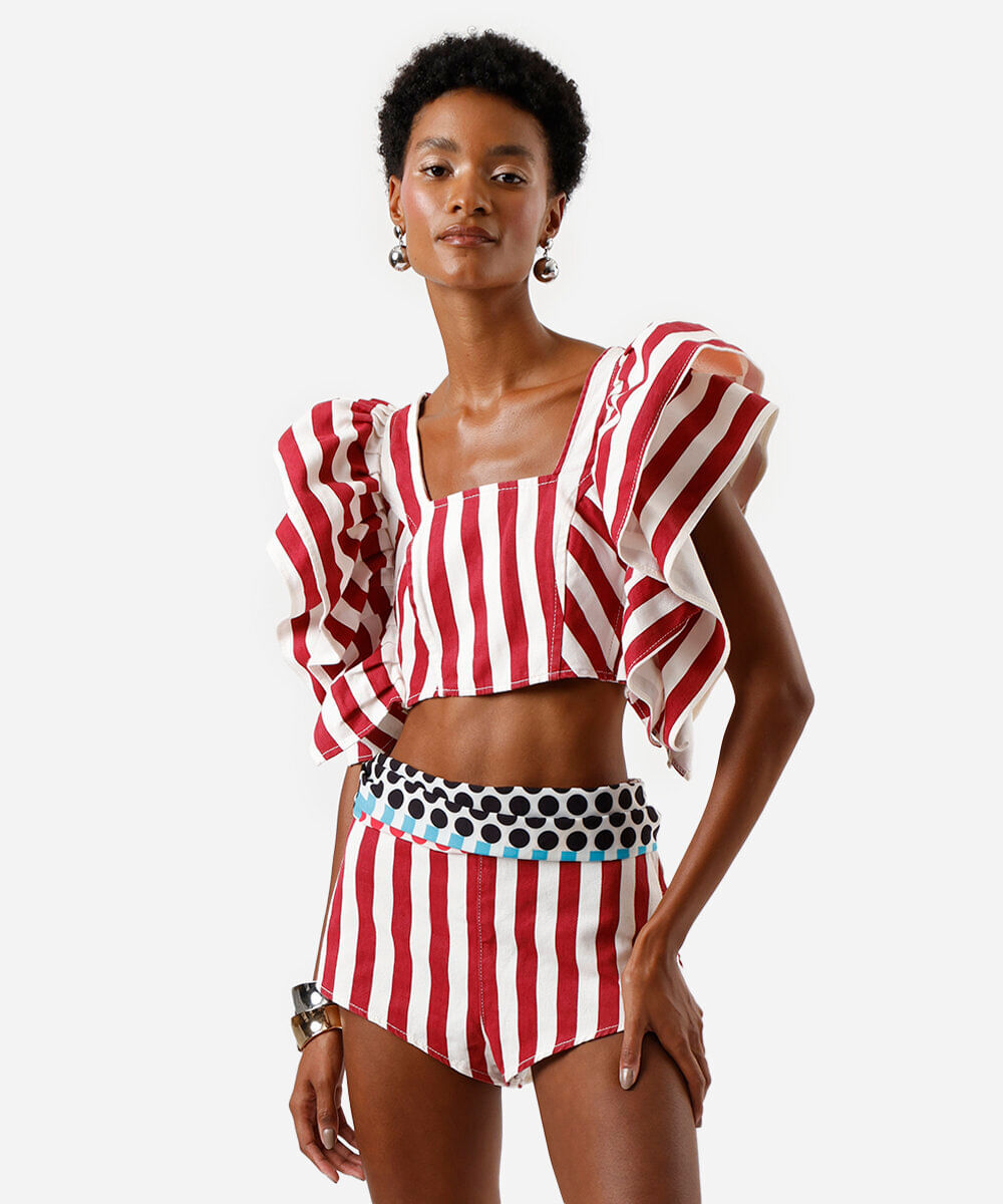 short hot pant feminino de sarja listrado off white