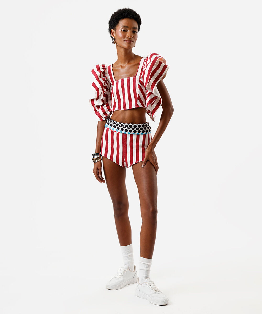 short hot pant feminino de sarja listrado off white