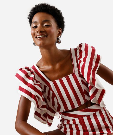 cropped feminino de sarja com babados listrado off white