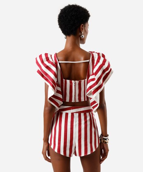 cropped feminino de sarja com babados listrado off white