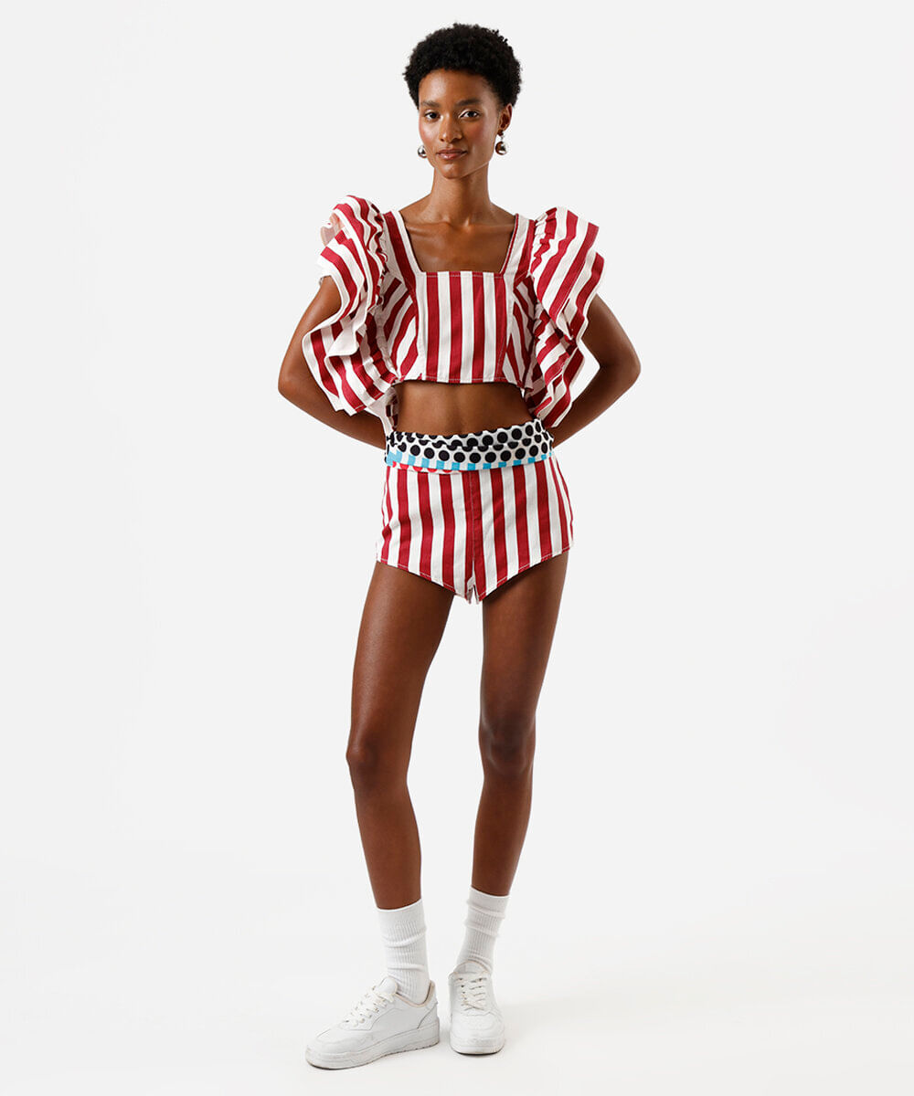 cropped feminino de sarja com babados listrado off white