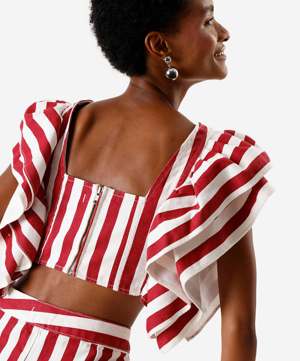 cropped feminino de sarja com babados listrado off white