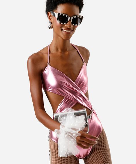 maiô transpassado feminino metalizado rosa