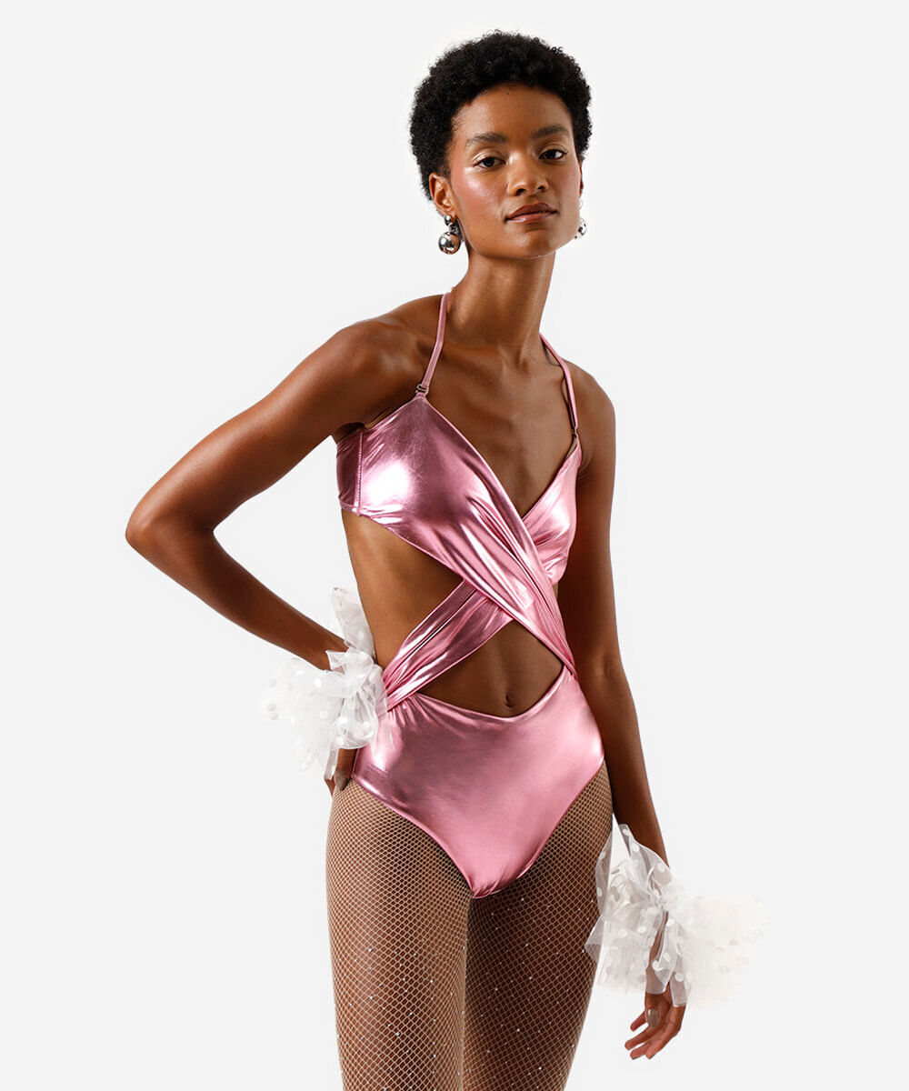 maiô transpassado feminino metalizado rosa