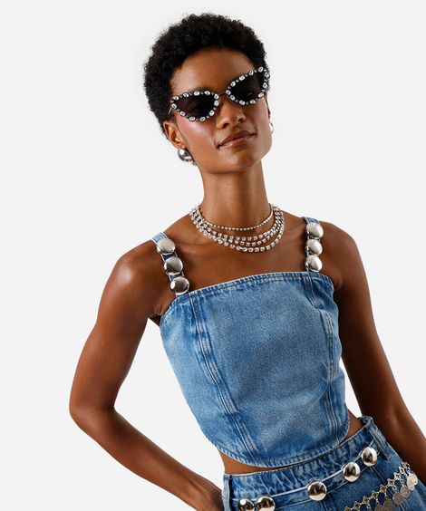 top corset feminino jeans com tachas azul