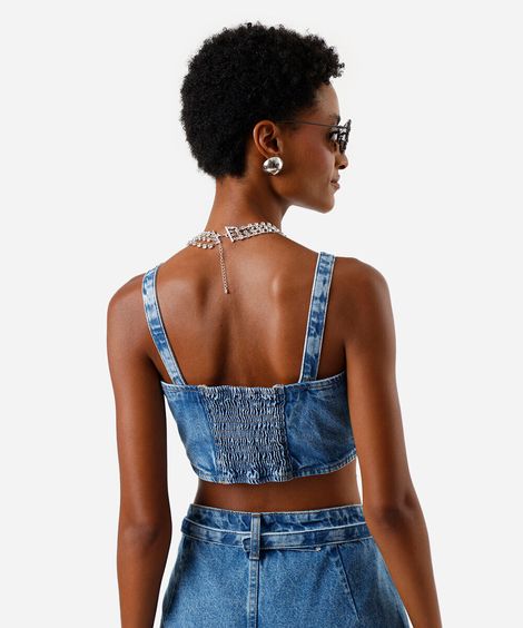 top corset feminino jeans com tachas azul
