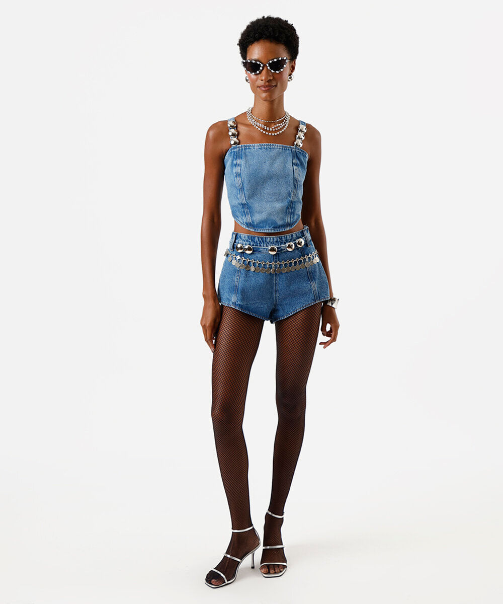 top corset feminino jeans com tachas azul