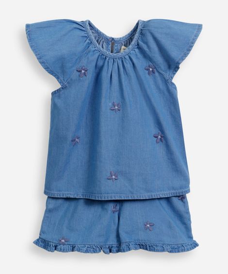 conjunto infantil curto jeans com bordados azul