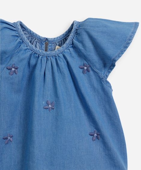 conjunto infantil curto jeans com bordados azul