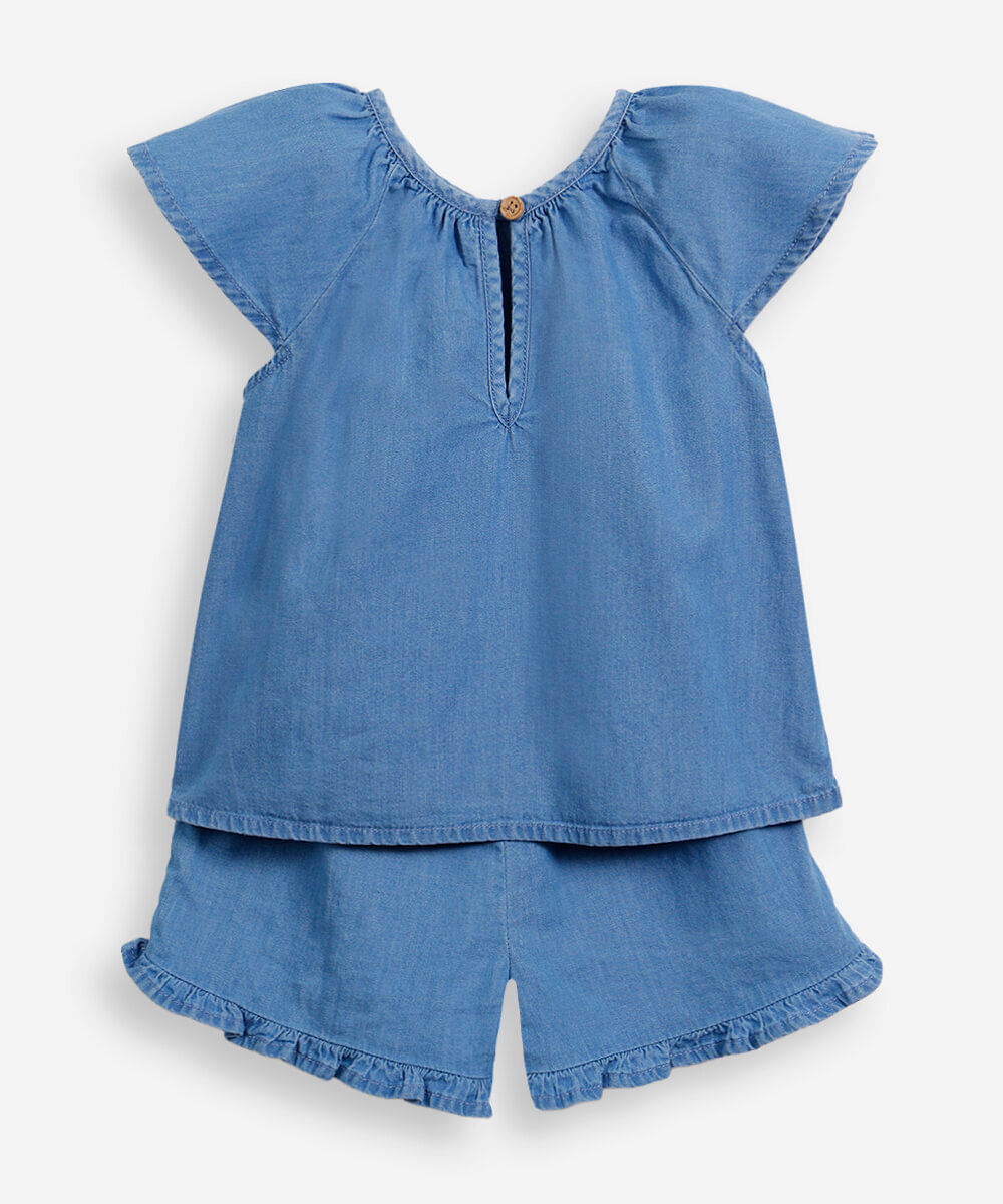 conjunto infantil curto jeans com bordados azul