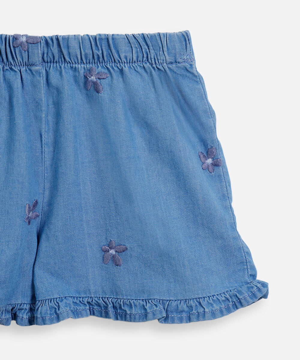 conjunto infantil curto jeans com bordados azul