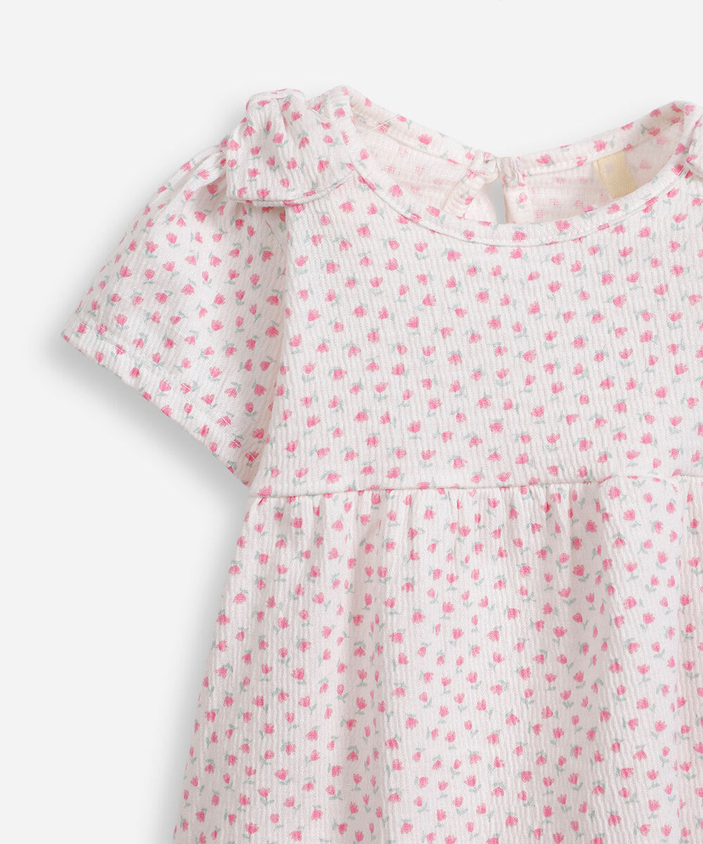 conjunto infantil laços no ombro floral off white