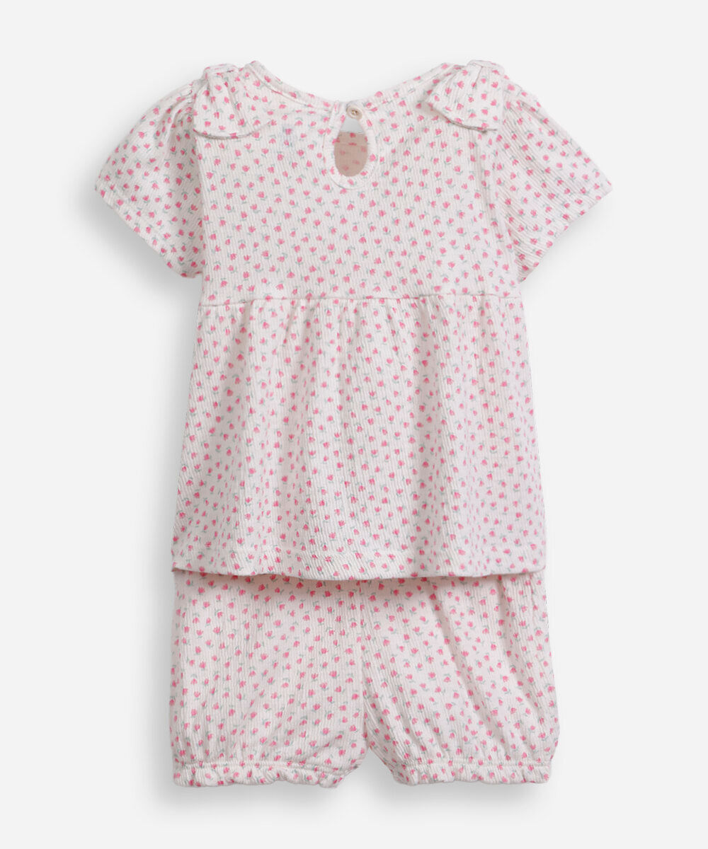 conjunto infantil laços no ombro floral off white