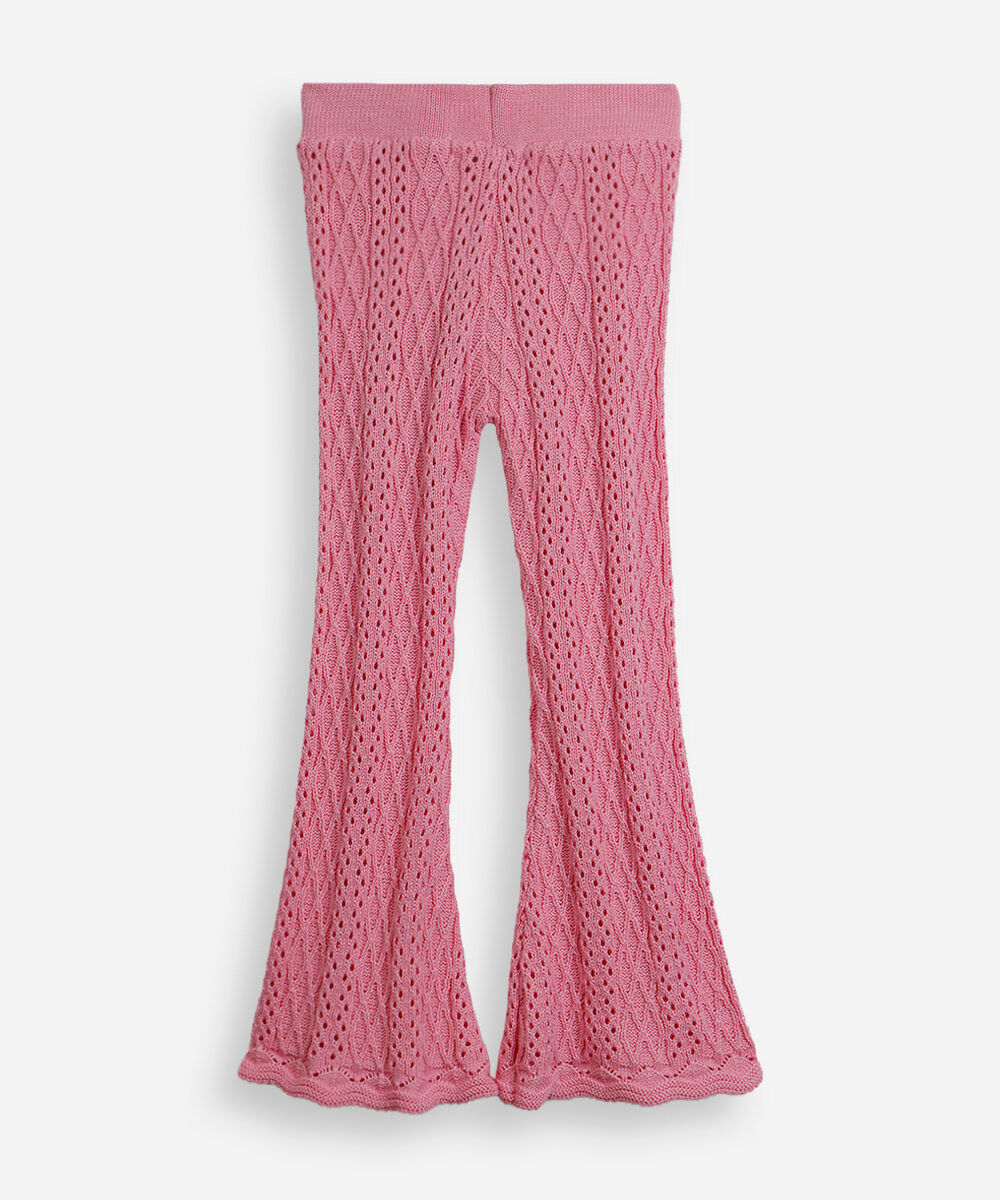calça flare infantil de tricô rosa