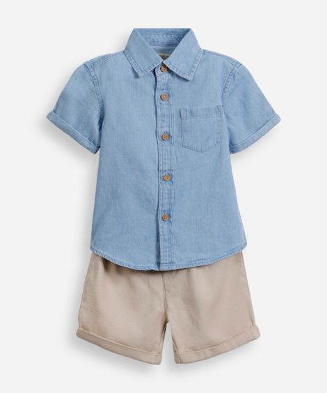 conjunto infantil camisa jeans e bermuda azul