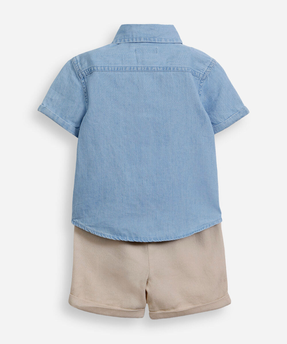 conjunto infantil camisa jeans e bermuda azul
