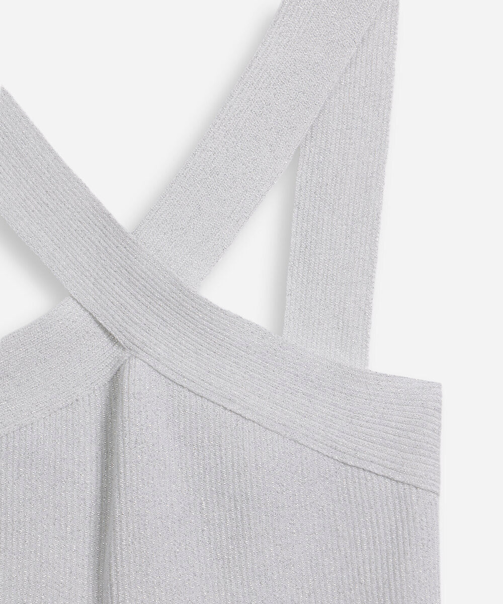 cropped halter neck juvenil de tricô com lurex prateado