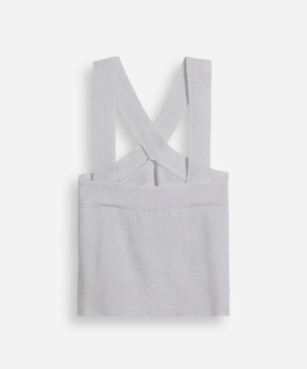 cropped halter neck juvenil de tricô com lurex prateado